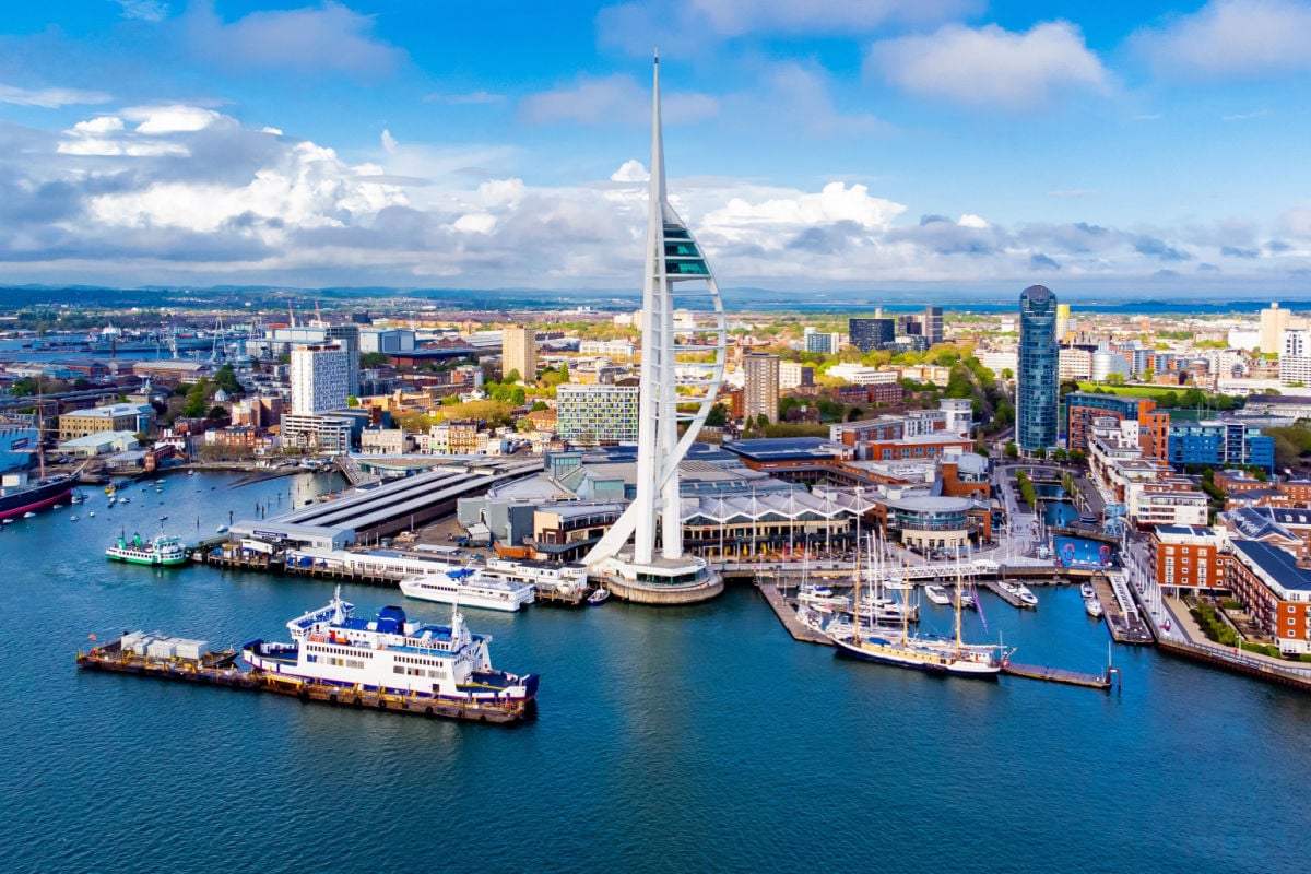 Portsmouth, U.K. waterfront at dusk