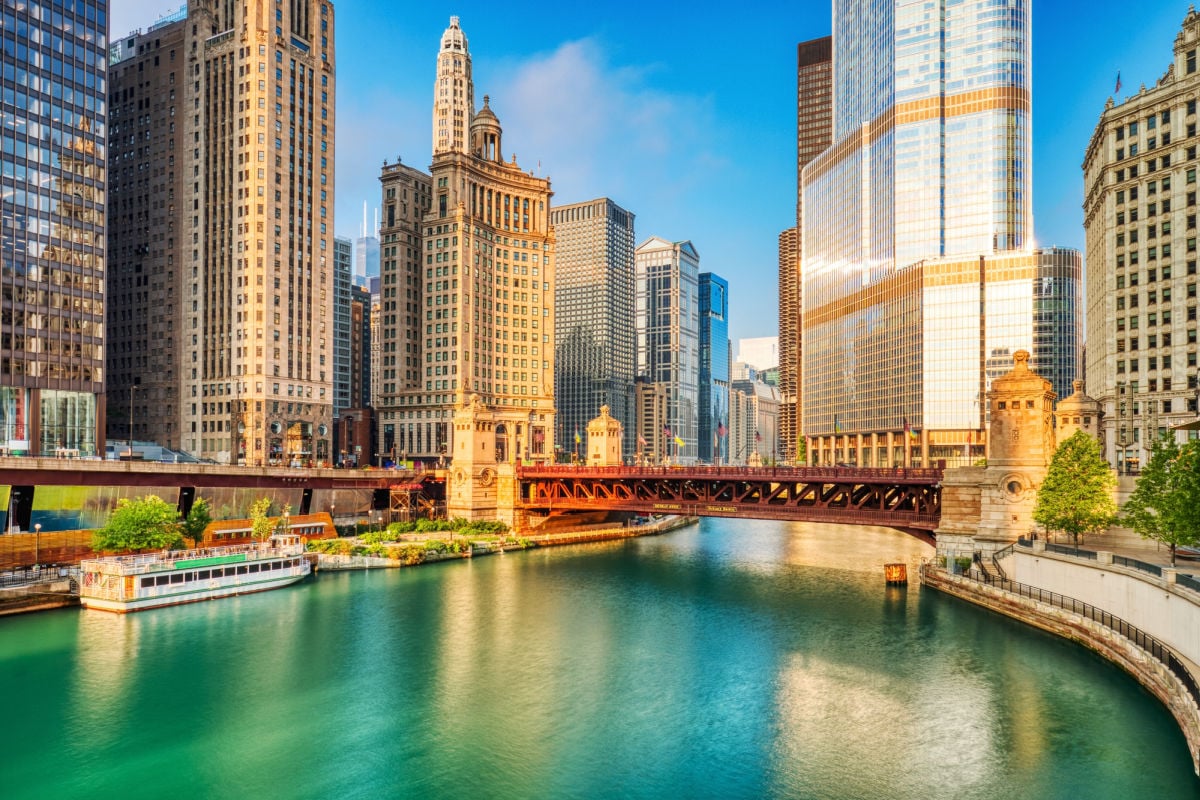 Chicago skyline with bridge over river