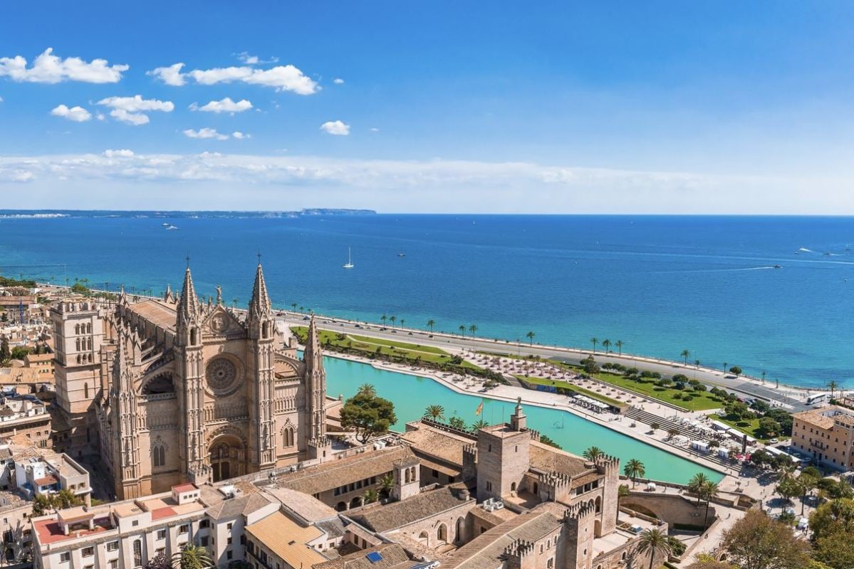 Aerial view of La Seu, the gothic medieval cathedral of Palma de Mallorca in Spain